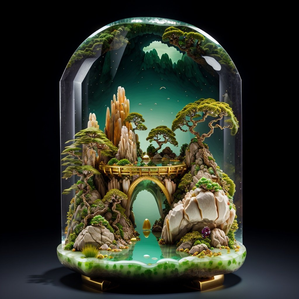 photorealistic,realive,miniature,bonsai in glass box,independent building,grass,nature,no humans,(underwater:1.3),fantasy,goldfish,golden,gold trim,circular ring,fluorescent light,flsorescence,glow,glowing,jade and gem textured,(((mountain made of natural jades and Gems))),(waters),Ancient pavilion,plants,jewelry of jadeite and jade,genuine pearl,(auspicious clouds:1.1),towering trees,<lora:iconsGoBk_v16:0.6>,