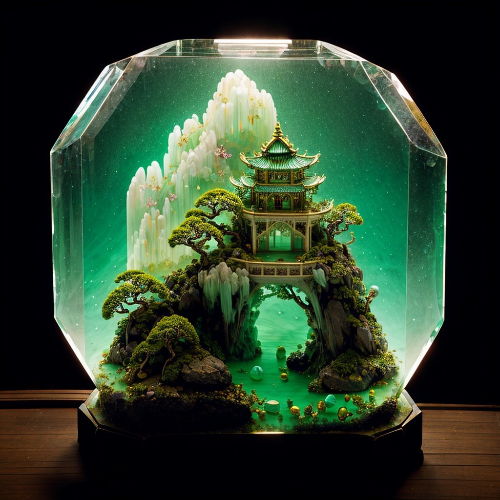 photorealistic,realive,miniature,bonsai in glass box,independent building,grass,nature,no humans,(underwater:1.3),fantasy,goldfish,golden,gold trim,circular ring,fluorescent light,flsorescence,glow,glowing,jade and gem textured,(((mountain made of natural jades and Gems))),(waters),Ancient pavilion,plants,jewelry of jadeite and jade,genuine pearl,(auspicious clouds:1.1),towering trees,<lora:ButterflyX_v26:0.8>,