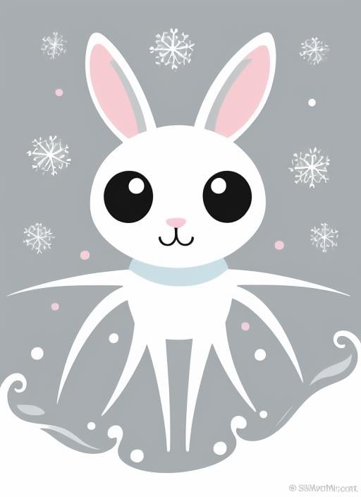 [A close-up of a stylized spider bunny hopping through a snowstorm. anime minimalist, 6-sided snowflakes, pastel, glow, 8 legs, 8 eyes:colorful swirling pastel paint droplets. flow, stunning, silver water, ripples:0.4] <lora:anime_minimalist_v1:0.3>