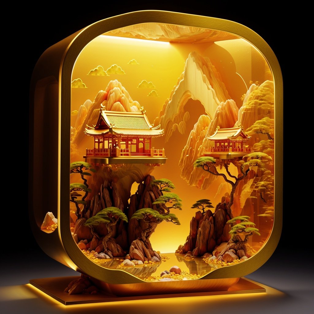 photorealistic,realive,miniature,bonsai in box,golden independent building,grass,nature,golden,gold trim,circular ring by LED flexiable Rope Light,fluorescent light,flsorescence,inner glow,glowing,jade and gem textured,(((golden mountain))),(waters),golden Ancient pavilion,plants,jewelry of jadeite and jade,genuine pearl,(golden auspicious clouds:1.1),towering trees,light strip,mountain road,light strip,backlight,transparent acrylic,<lora:ali_golden_v22:0.8>,