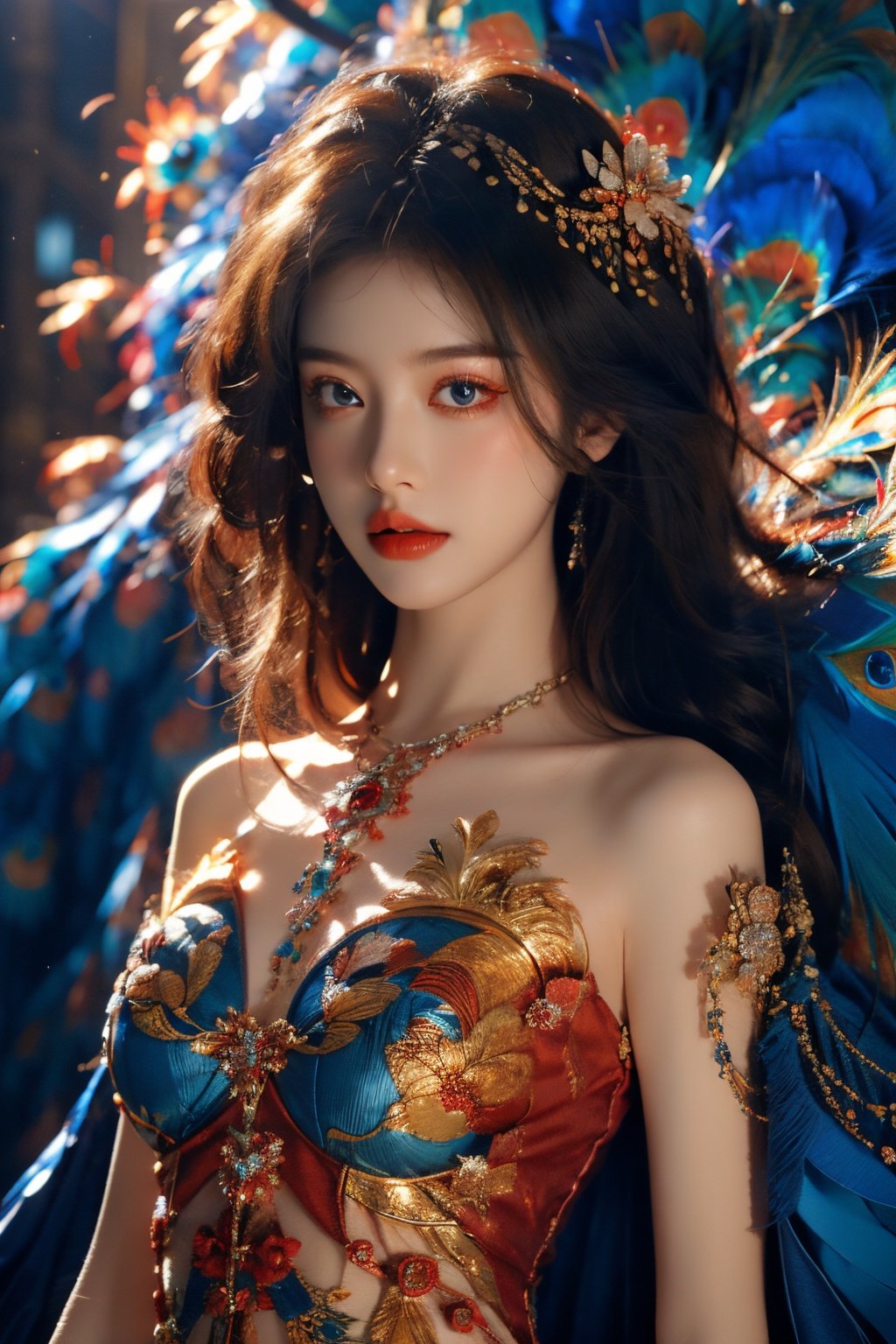 Best Quality, masterpiece, ultra-high resolution, (photo realistic: 1.4) , Surrealism, Fantastical verisimilitude, beautiful blue-skinned goddess Phoenix Peacock on her head, fantastical creation, thriller color scheme, surrealism, abstract, psychedelic, 1 girl,