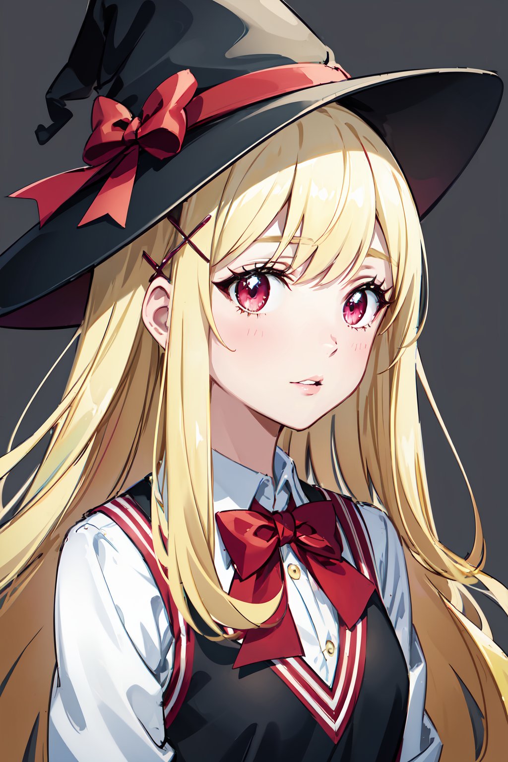 masterpiece,  best quality,  illustration,  highres,  sharp focus,  ((intricate details)),  highly detailed,  urara_shiraishi,  1girl,  upper body,  witch hat,  blonde hair,  long hair,  hair ornament,  bow,  school uniform,  sweater vest,  bowtie,  red eyes,  upper body,  x hair ornament,  parted lips,  oil painting, Urara Shiraishi, <lora:EMS-48238-EMS:0.700000>