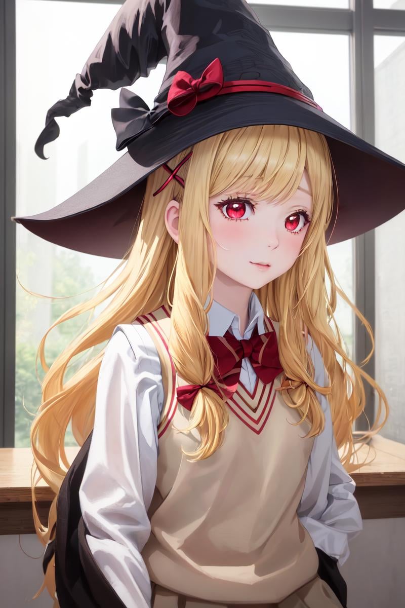 highres, sharp focus, pixiv masterpiece, ((intricate details)), highly detailed, urara_shiraishi, 1girl, upper body, witch hat, blonde hair, long hair, hair ornament, bow, school uniform, sweater vest, bowtie, red eyes, upper body, x hair ornament, <lora:Urara Shiraishi:0.8>