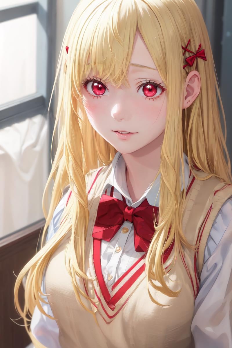 highres, sharp focus, pixiv masterpiece, ((intricate details)), highly detailed, urara_shiraishi, 1girl, upper body, blonde hair, long hair, hair ornament, bow, school uniform, sweater vest, bowtie, red eyes, upper body, x hair ornament, <lora:Urara Shiraishi:0.8>