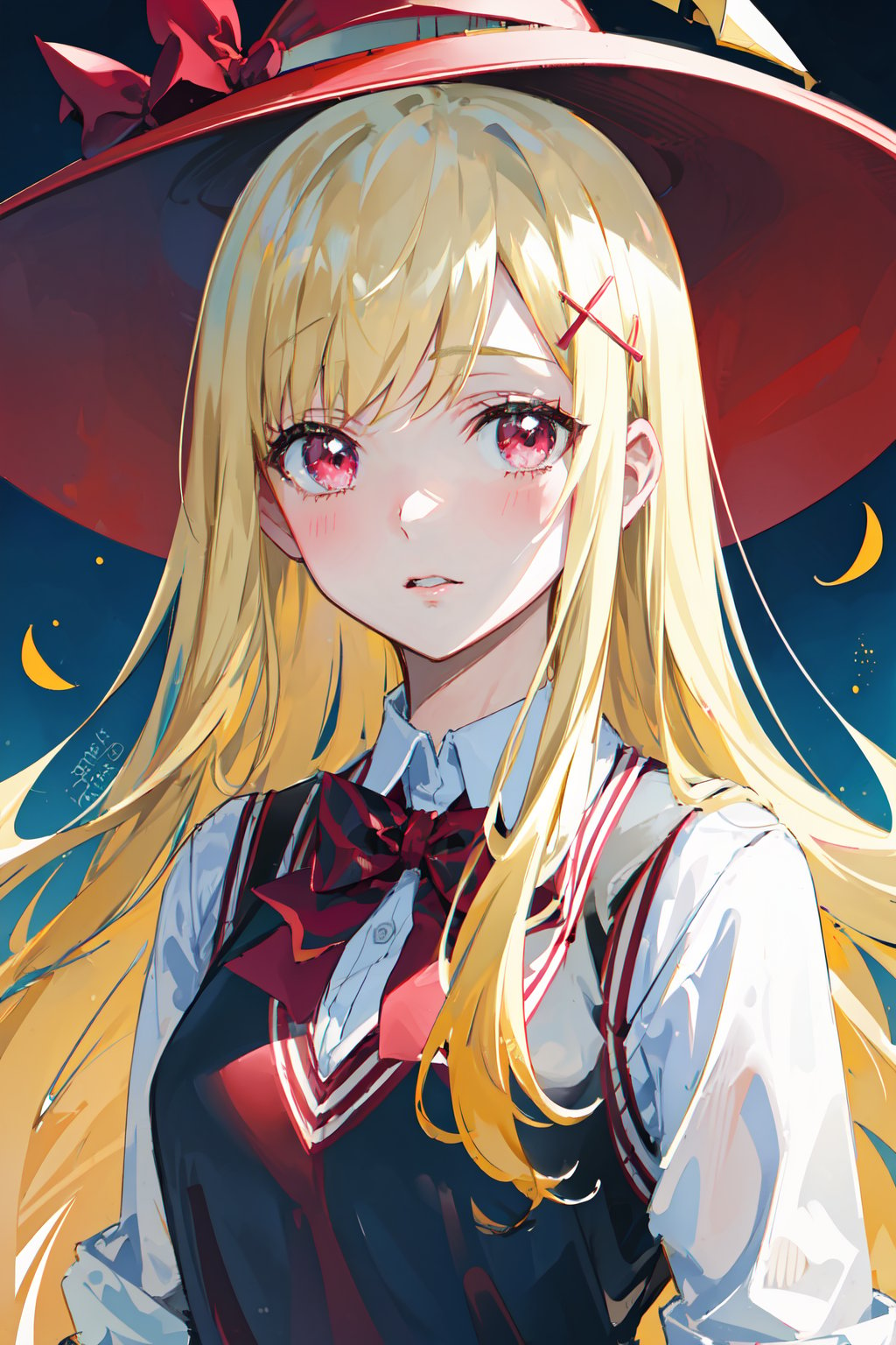 masterpiece,  best quality,  illustration,  highres,  sharp focus,  ((intricate details)),  highly detailed,  urara_shiraishi,  1girl,  upper body,  witch hat,  blonde hair,  long hair,  hair ornament,  bow,  school uniform,  sweater vest,  bowtie,  red eyes,  upper body,  x hair ornament,  parted lips,  oil painting, Urara Shiraishi, <lora:EMS-48238-EMS:0.800000>