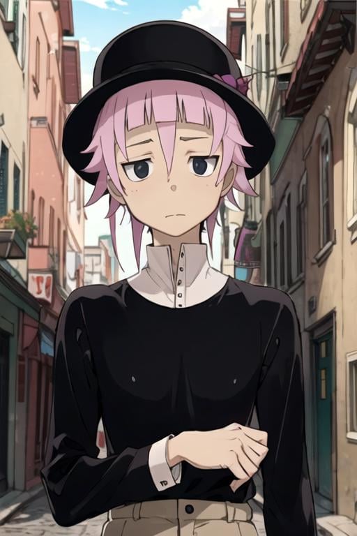 masterpiece, best quality, movie still, 1boy, solo, male focus, looking at viewer, upper body, depth of field, , , <lora:crona_soul_eater:0.68>, crona_soul_eater, pink hair, black eyes, short hair with long locks, , khakis, pork pie hat, planet, 32k resolution