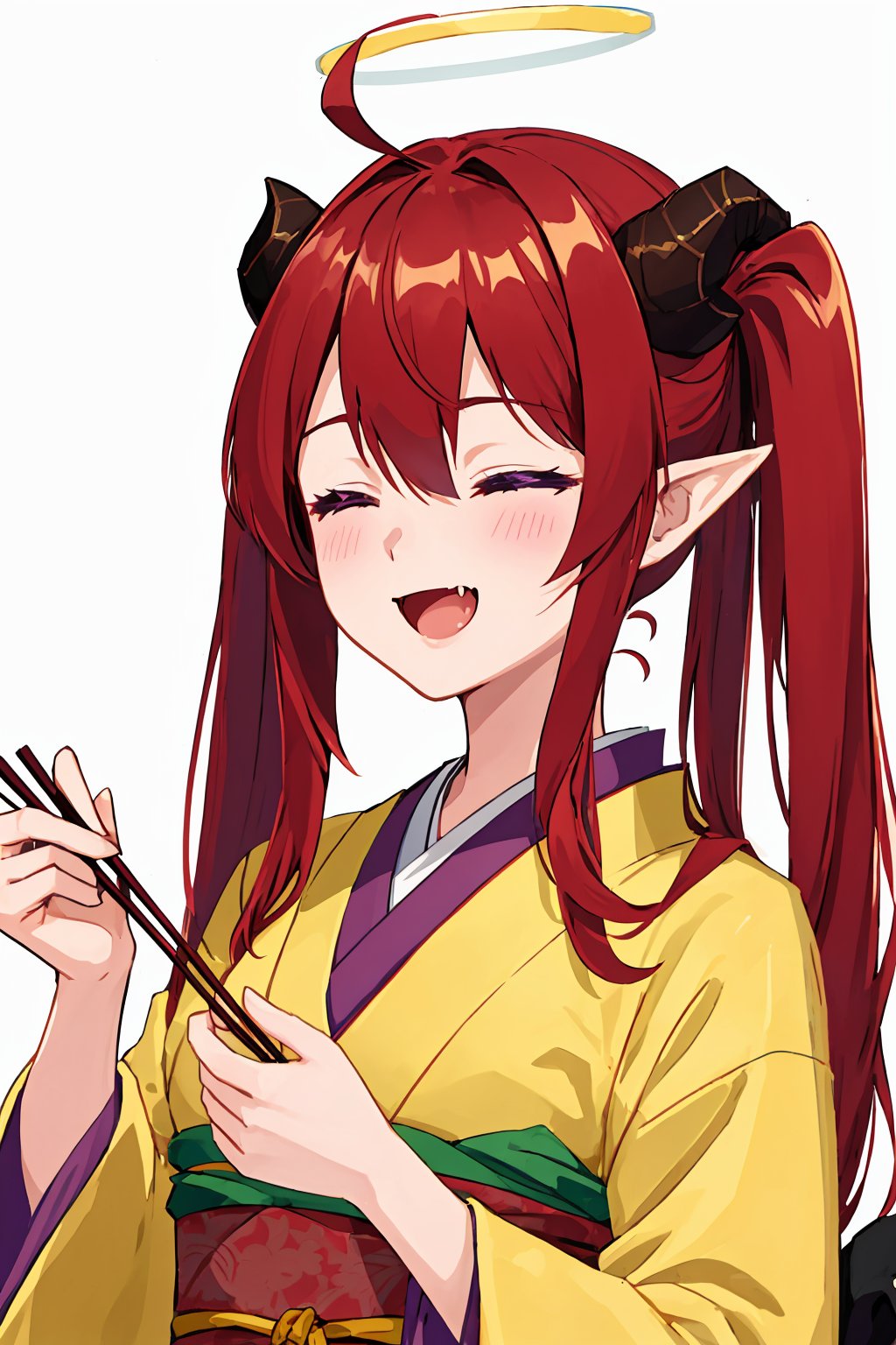 (best quality:1.2), (hyper detailed),

best quality, masterpiece, highres, solo, red_hair, horns, long_hair, twintails, halo, bangs, blush, pointy_ears, hair_between_eyes, open_mouth, purple_eyes, necktie, red_necktie, 1girl, chopsticks, fang, food, holding, holding_chopsticks, japanese_clothes, kimono, official_alternate_costume, simple_background, skin_fang, smile, upper_body, white_background, yellow_kimono, ahoge, closed_eyes