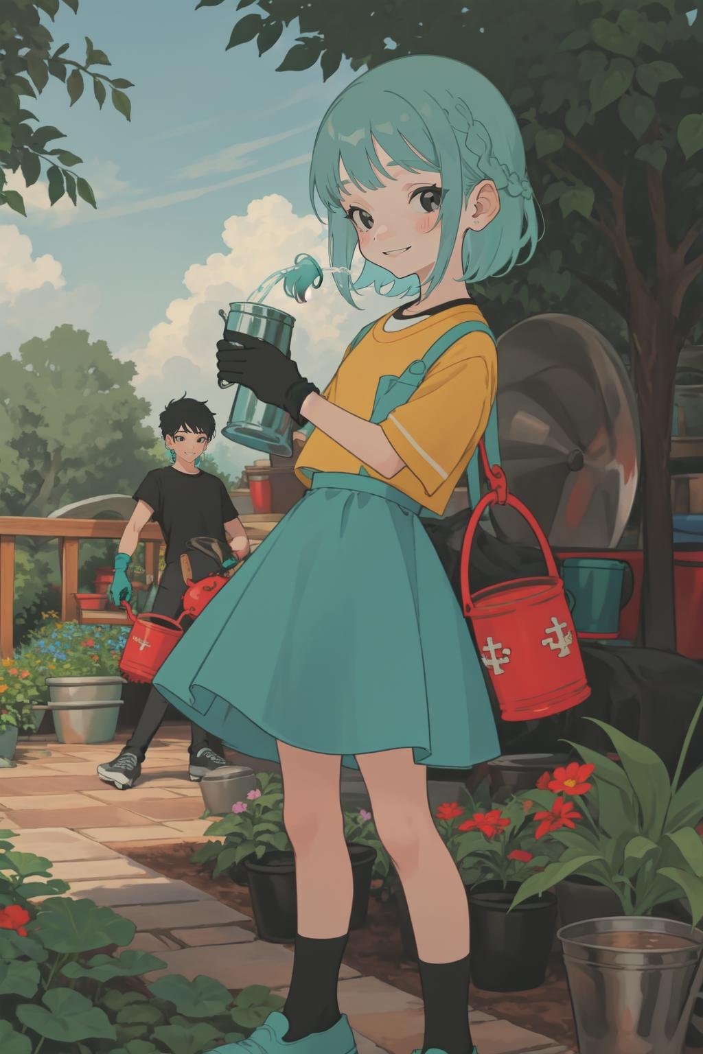 <lora:McDonaldsAdArtStyle-53:1> McDonaldsAdArtStyle, flat colors, flat shading, 1girl, woman, braided hairstyle haircut, Turquoise color, hair, black eyes, smile, Skater skirt, garden background, a watering can and gardening gloves on the background,