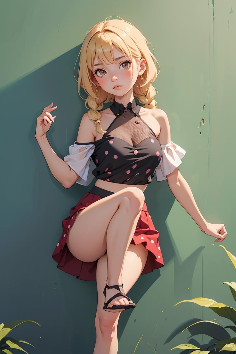 (masterpiece, best quality), 1girl, Raspberry Fishtail Braid, Size G breasts, Butterscotch Blonde One-shoulder asymmetrical blouse with a flowy drape. and Ruffled mini skirt with a polka-dot pattern, bare, Leaning on a wall with one leg bent, looking contemplative