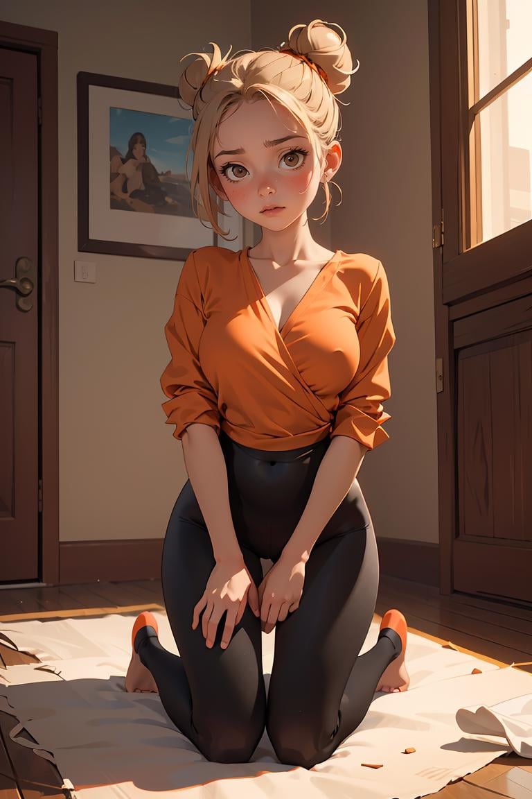 (masterpiece, best quality), 1girl, Sepia Messy Top Knot, Size A breasts, Orange-red Wrap-front blouse and Ruched leggings, bare, Kneeling on one knee, looking down with a hint of vulnerability.