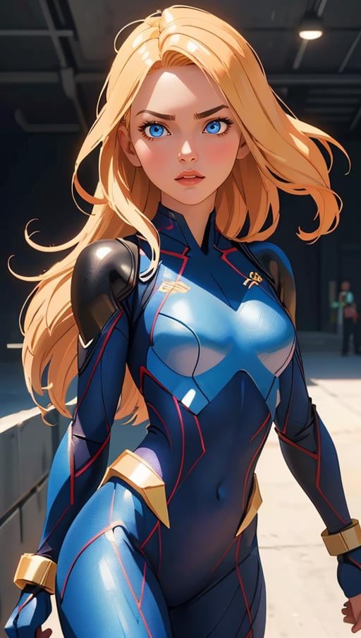 (best quality, masterpiece, perfect face, detailed simmetric iris, perfect smooth skin texture)fashion photography of beautiful golden hair, 18 years old girl, medium tits, super girl suit cosplay (glowing symbol), flirting on camera, fighting pose, (hyperrealism, soft light, dramatic light, sharp, HDR)