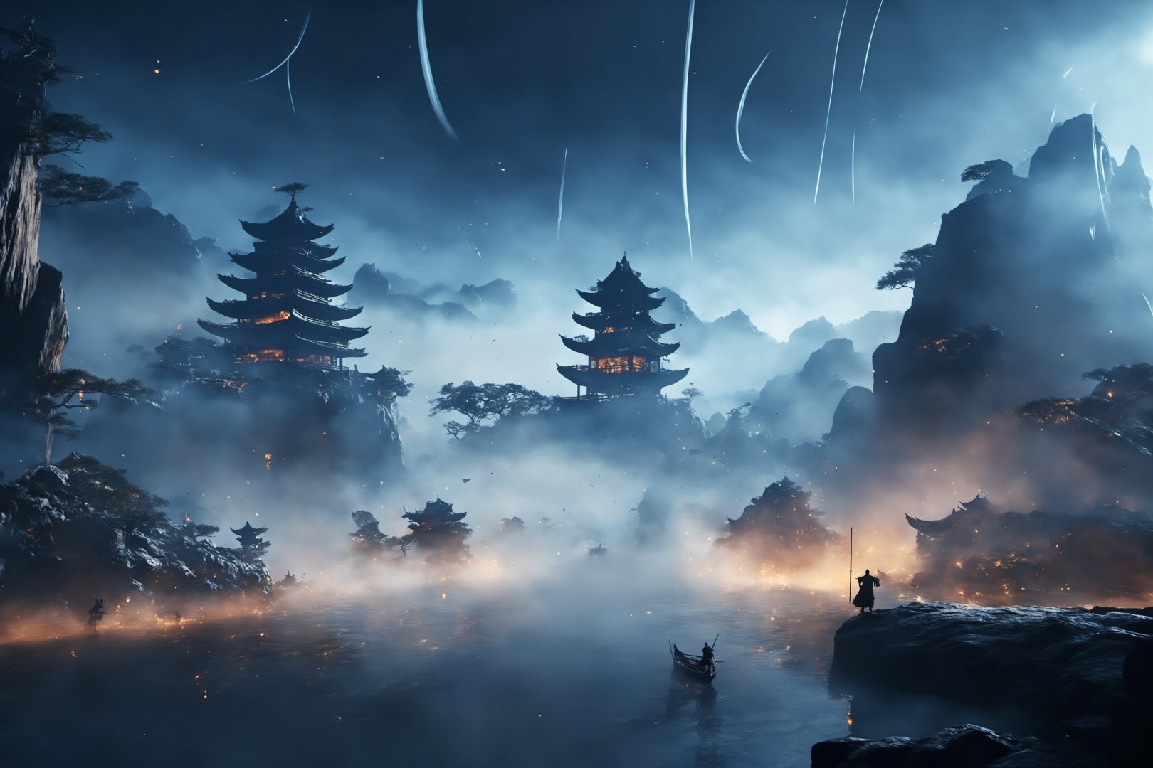 Ancient China, many flying swords through black holes, surrounded by mist, vast panoramas, illusory light and shadow, wide Angle lens, captured at dusk, cinematic texture, Unreal Engine 4, 8K Ultra HD, clear and bright image quality, amazing fantasy immortal scenes, ink painting style, highly refined, dynamic expression, clear lines, cinematic texture, cold atmosphere, vividness, Render high octane, extremely fine,xiamap