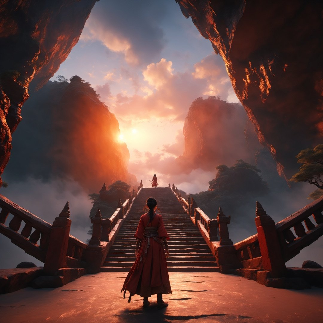 xiamap, a person standing on a set of stairs in a cave with a sunset in the background and a red sky,Vast panorama, unreal light and shadow, wide Angle lens, shot at dusk, movie texture, Unreal Engine 4,8K Ultra HD, clear and bright image quality, amazing fantasy immortal scenes, ink painting style, highly refined, dynamic expression, clear lines, movie texture, cold atmosphere, vivid, render high poignantly, extremely fine