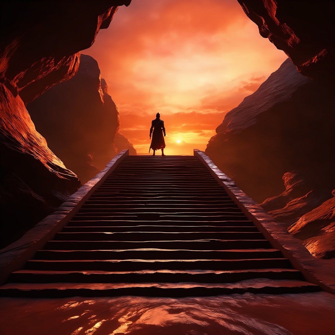 xiamap, a person standing on a set of stairs in a cave with a sunset in the background and a red sky,Vast panorama, unreal light and shadow, wide Angle lens, shot at dusk, movie texture, Unreal Engine 4,8K Ultra HD, clear and bright image quality, amazing fantasy immortal scenes, ink painting style, highly refined, dynamic expression, clear lines, movie texture, cold atmosphere, vivid, render high poignantly, extremely fine