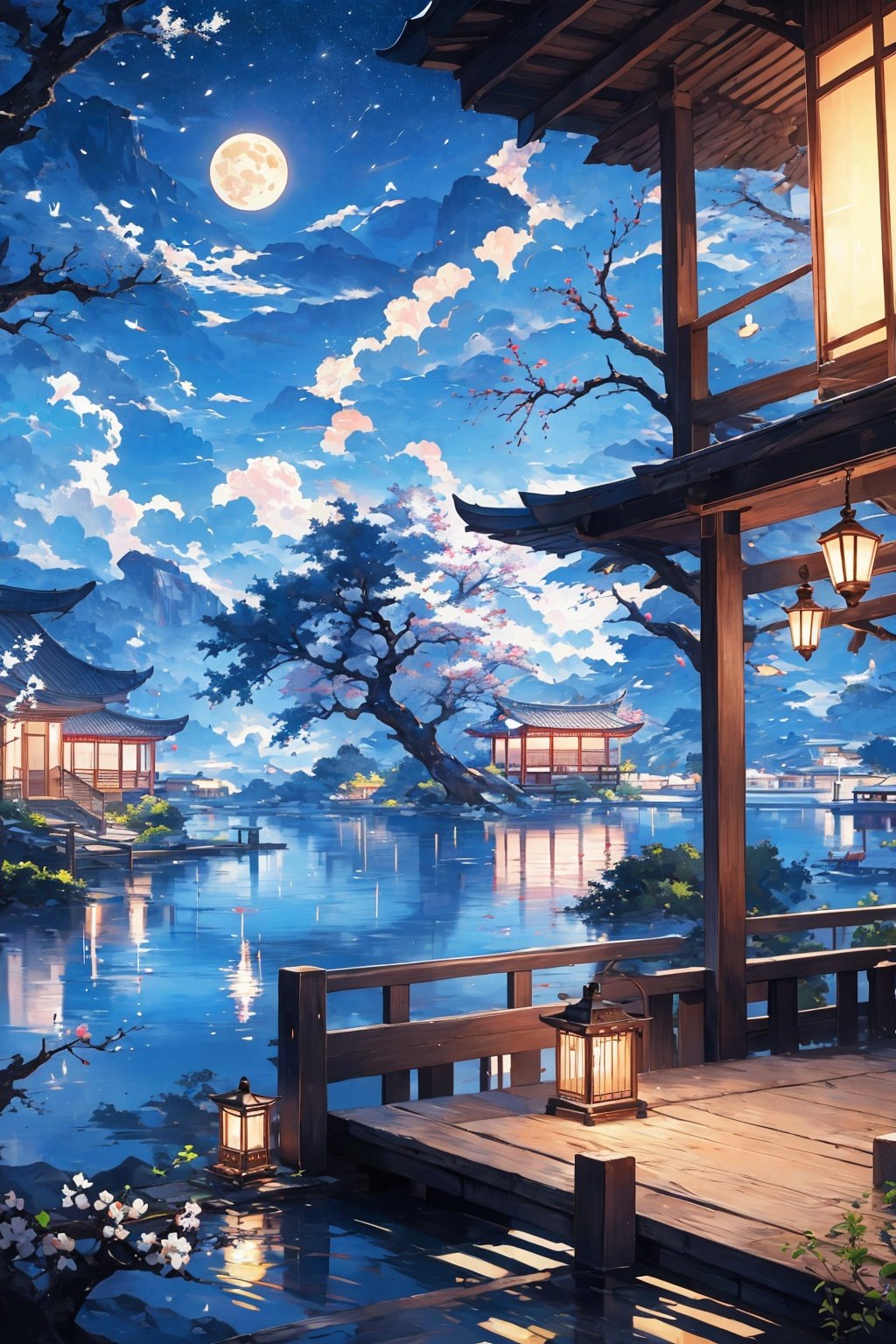 Best quality,8k,cg,moon,Peach Blossom Tree,lake,cloud,poet,