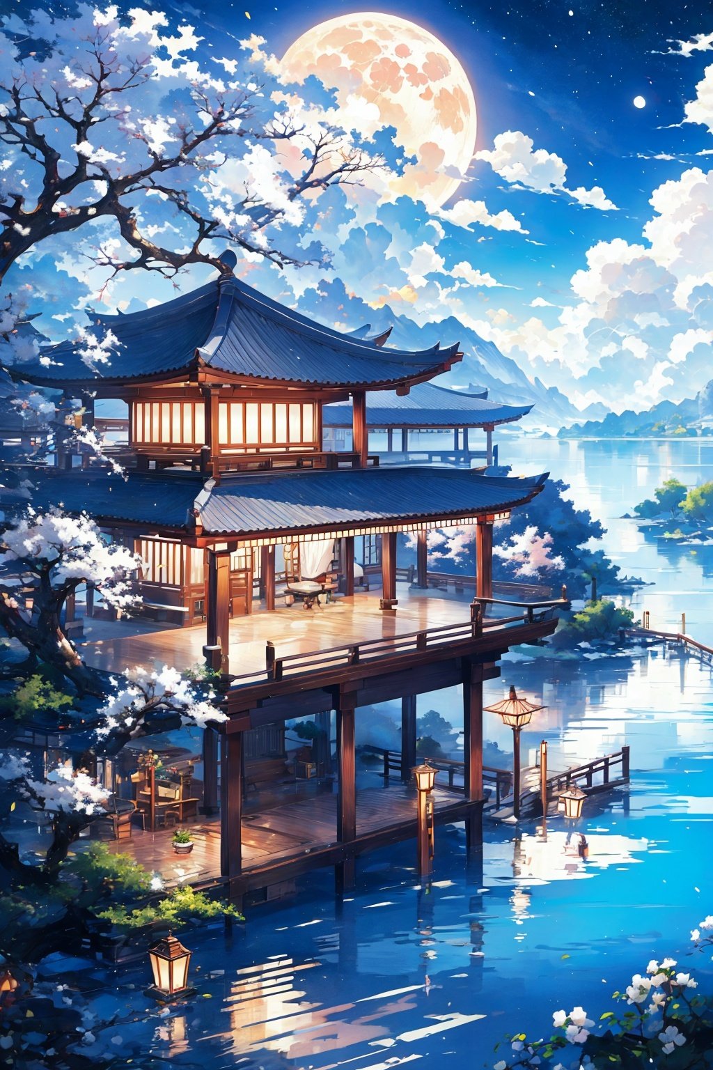 Best quality,8k,cg,moon,Peach Blossom Tree,lake,cloud,