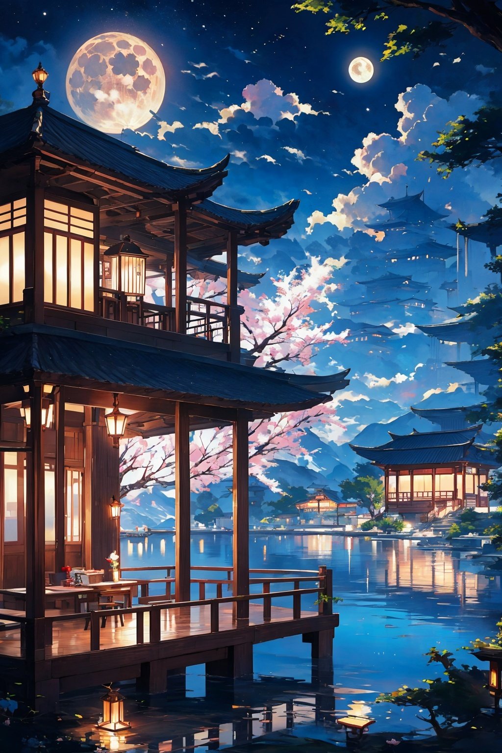 Best quality,8k,cg,moon,Peach Blossom Tree,lake,cloud,poet,sea mew,figure,