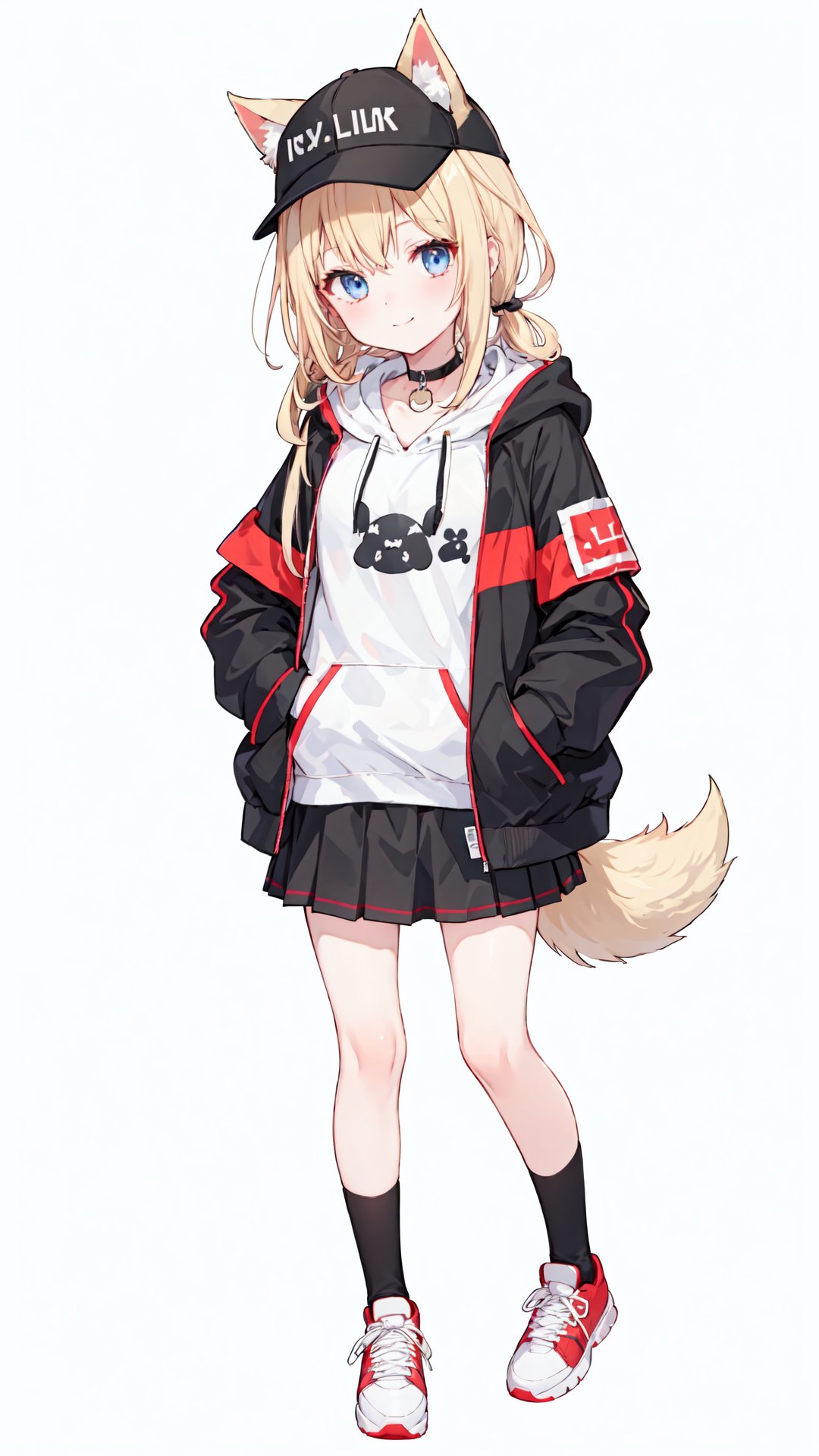  1girl, animal_ears, baseball_cap, black_legwear, blonde_hair, blue_eyes, choker, closed_mouth, collar, dog_tail, full_body, hand_in_pocket, hat, hat_with_ears, hood, hoodie, jacket, long_hair, long_sleeves, looking_at_viewer, nail_polish, open_clothes, open_jacket, red_footwear, red_nails, shoes, simple_background, smile, sneakers, socks, solo, standing, tail, virtual_youtuber, white_background