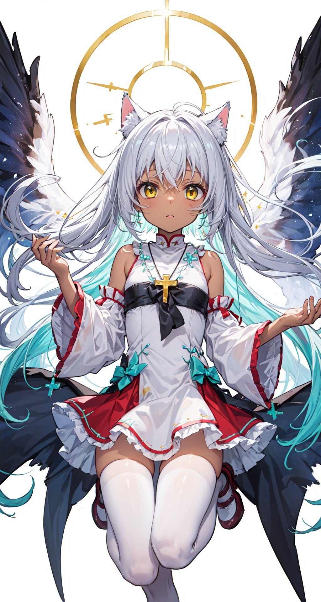 {masterpiece},white hair,yellow eyes,aqua eyes,looking up,stockings,dark skin,long hair,hime cut,messy hair,floating hair,demon wings,halo,cross necklace,holy,divinity,shine,holy light,cat girl,(loli),(petite),solo,cozy anime,houtufeng,letterboxed