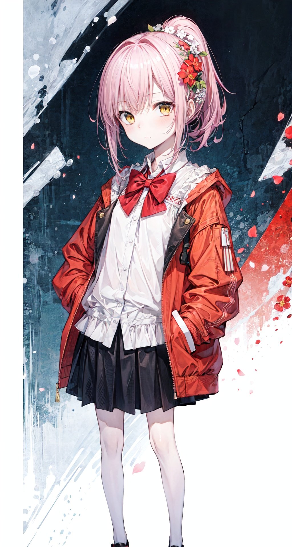 (best quality), ((masterpiece)), (highres),standing,original, extremely detailed wallpaper, (an extremely delicate and beautiful),(loli),(petite),Pink hair,Yellow eyes, (red Jacket),high ponytail,white collared shirt,hair flower,fipped hair,floating hair,Frown,hands in pockets,black dress,red bowtie,(solo),cozy anime,houtufeng
