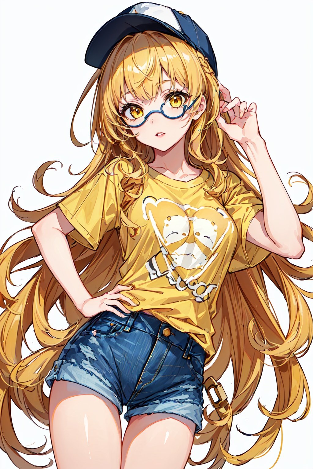 (1 girl: 1.4), masterpiece, extremely detailed CG unified 8k wallpaper, (white background: 1.4), best quality, (looking_at_viewer: 1.4), (denim lens: 1.3), (yellow long hair: 1.7), curly hair, lipstick, face painting, (t-shirt: 1.5), (denim_shorts: 1.4), button up_shirt,Four perspectives,,lisa \(genshin impact\),Round cap,cozy anime