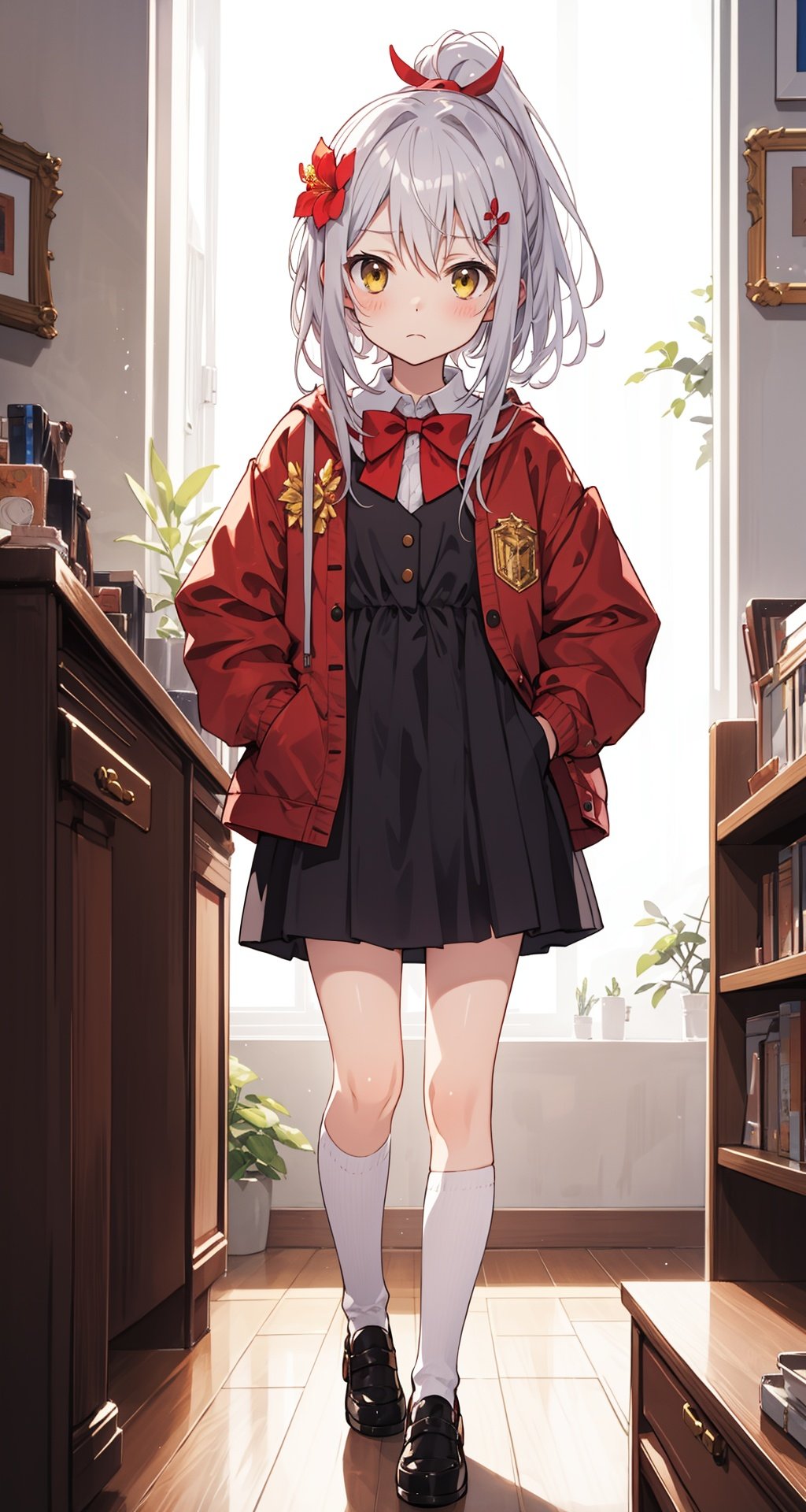 (best quality), ((masterpiece)), (highres),standing,original, extremely detailed wallpaper, (an extremely delicate and beautiful),(loli),(petite),(skindentation:1.2),white hair,Yellow eyes, (red Jacket),high ponytail,white collared shirt,hair flower,fipped hair,floating hair,Frown,hands in pockets,black dress,red bowtie,(solo),flat,cozy anime