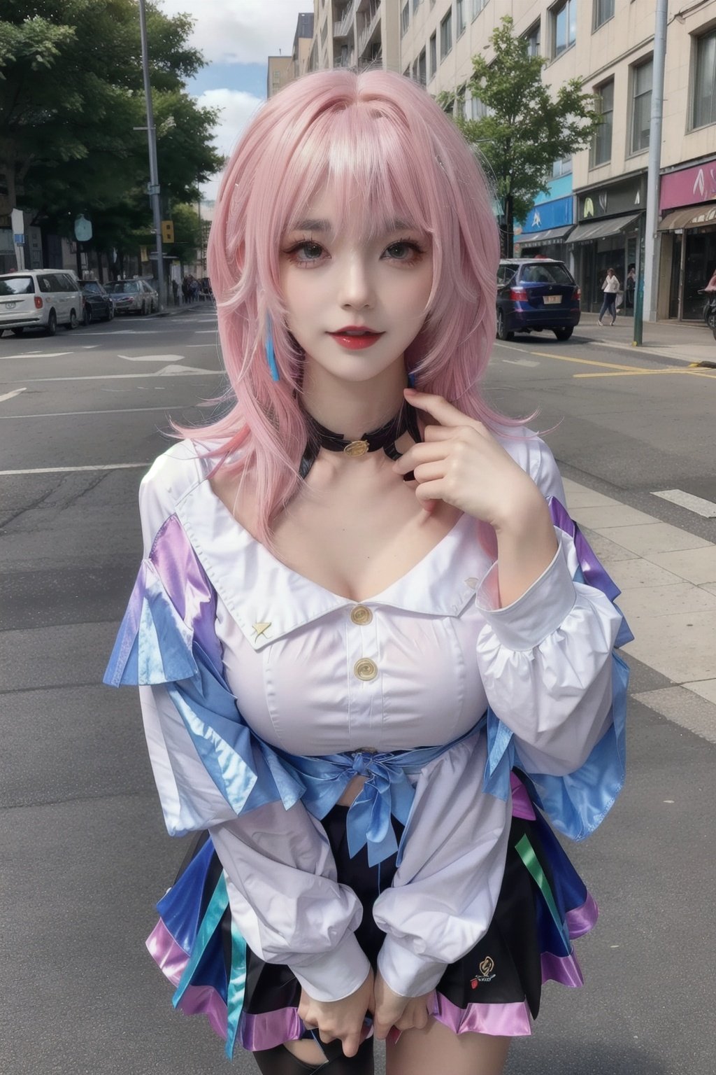 masterpiece,best quality,(shiny hair:1.4),(colorful:1.5),outdoors,1girl,pink hair,pink clothes,body above knee level,huge breasts,hand on own chest,street,pedestrian,<lora:三月七:0.65>,