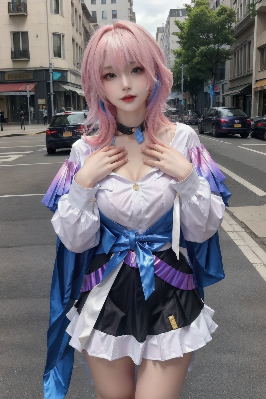 masterpiece,best quality,(shiny hair:1.4),(colorful:1.5),outdoors,1girl,pink hair,pink clothes,body above knee level,huge breasts,hand on own chest,street,pedestrian,<lora:三月七:0.65>,