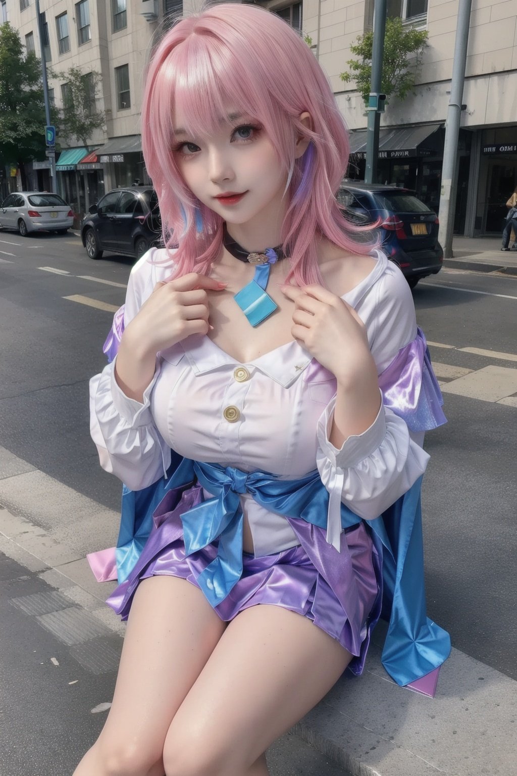 masterpiece,best quality,(shiny hair:1.4),(colorful:1.5),outdoors,1girl,pink hair,pink clothes,body above knee level,huge breasts,hand on own chest,street,pedestrian,<lora:三月七:0.65>,