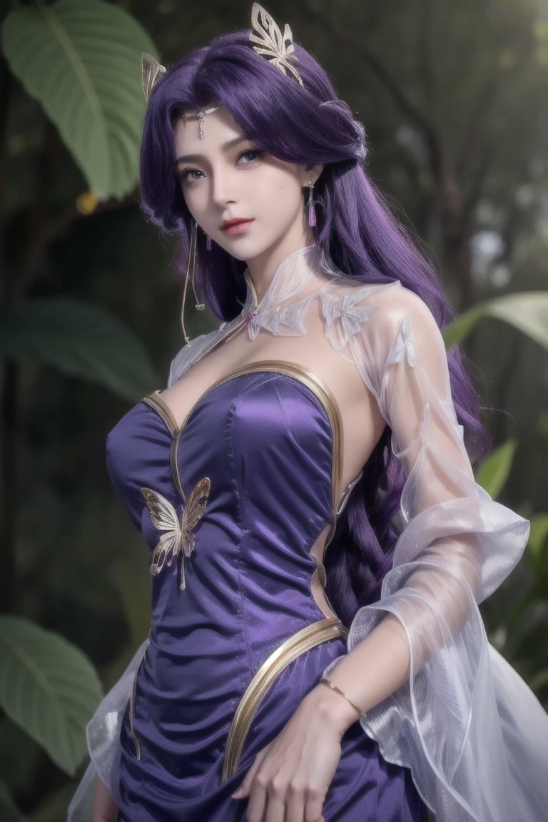 masterpiece,best quality,(shiny hair:1.4),colorful,(shiny skin:1.5),exquisite skin texture,1girl, purple_hair, purple_eyes, solo, long_hair, earrings, butterfly_hair_ornament, jewelry, blue_butterfly, hair_ornament, upper_body <lora:云曦-000013:0.65>