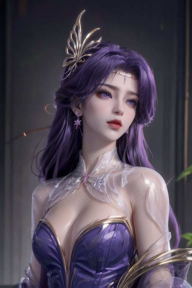 masterpiece,best quality,(shiny hair:1.4),colorful,(shiny skin:1.5),exquisite skin texture,1girl, purple_hair, purple_eyes, solo, long_hair, earrings, butterfly_hair_ornament, jewelry, blue_butterfly, hair_ornament, upper_body <lora:云曦-000013:0.65>