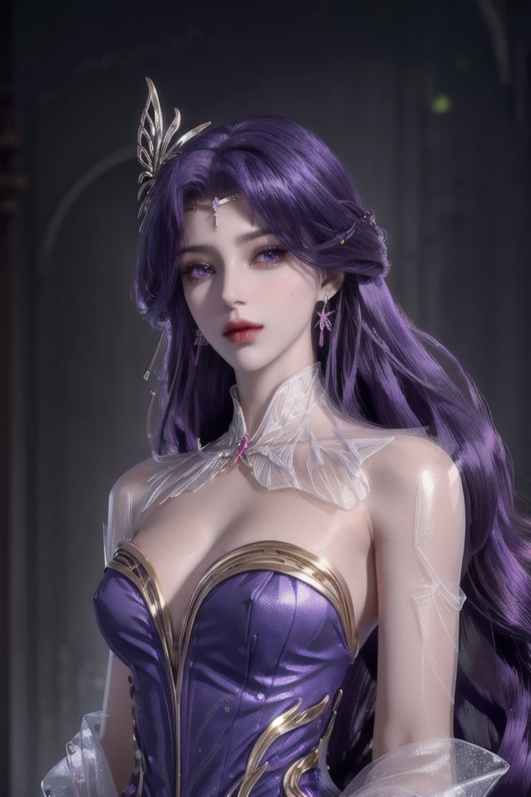 masterpiece,best quality,(shiny hair:1.4),colorful,(shiny skin:1.5),exquisite skin texture,1girl, purple_hair, purple_eyes, solo, long_hair, earrings, butterfly_hair_ornament, jewelry, blue_butterfly, hair_ornament, upper_body <lora:云曦-000013:0.65>