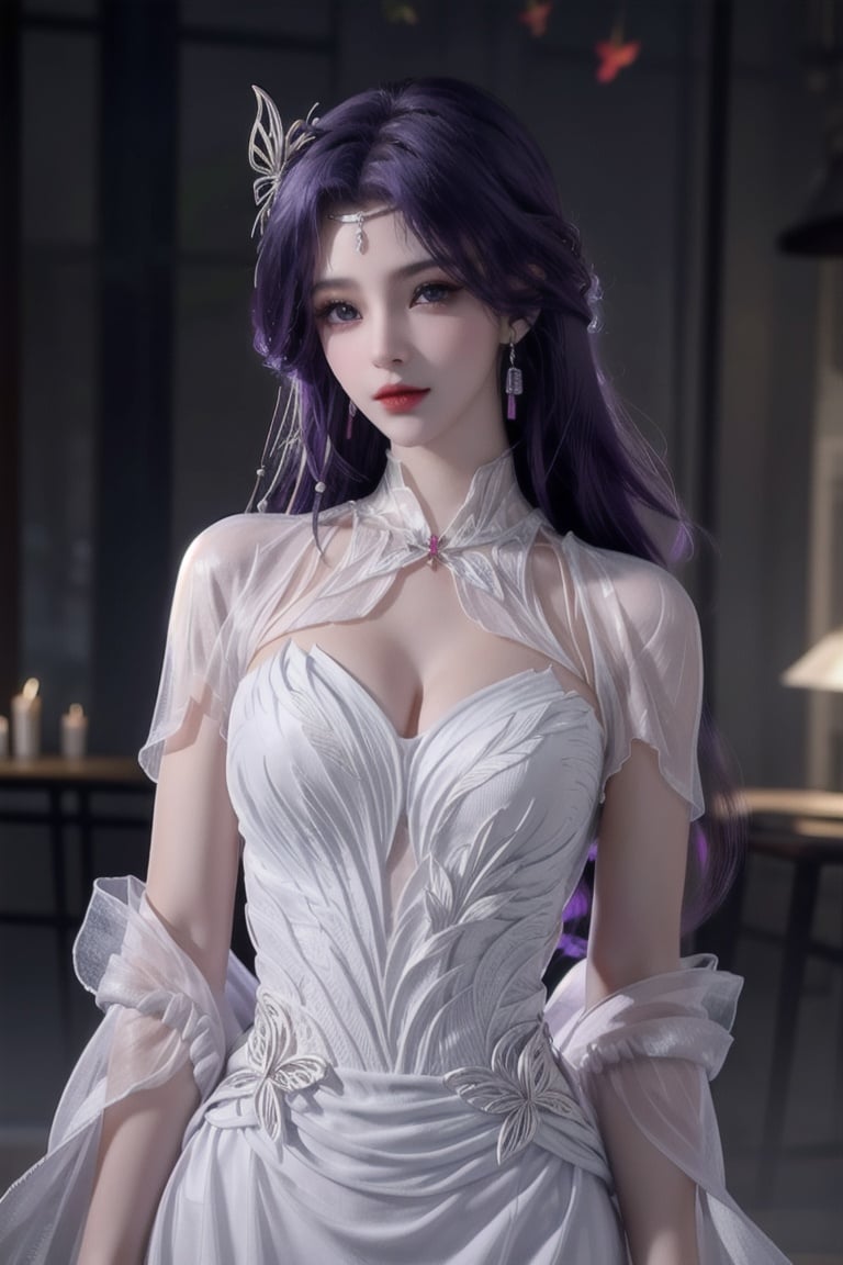 masterpiece,best quality,(shiny hair:1.4),colorful,(shiny skin:1.5),exquisite skin texture,1girl, purple_hair, purple_eyes, long_hair, earrings, butterfly_hair_ornament, jewelry, blue_butterfly, hair_ornament,  <lora:云曦-000013:0.65>