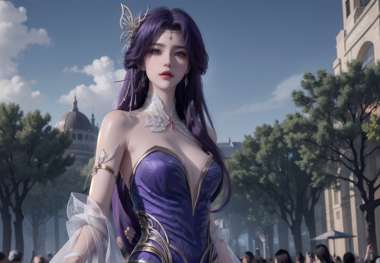 masterpiece,best quality,(shiny hair:1.4),colorful,(shiny skin:1.5),exquisite skin texture,1girl, purple_hair, purple_eyes, purple clothes, long_hair, earrings, butterfly_hair_ornament, jewelry, blue_butterfly, hair_ornament, outdoors,  <lora:云曦-000013:0.65>