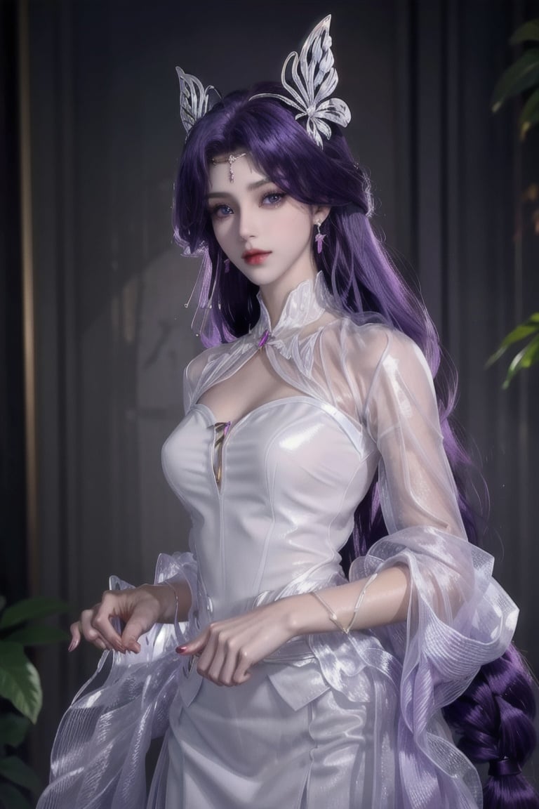 masterpiece,best quality,(shiny hair:1.4),colorful,(shiny skin:1.5),exquisite skin texture,1girl, purple_hair, purple_eyes, white shirt, long_hair, earrings, butterfly_hair_ornament, jewelry, blue_butterfly, hair_ornament,  <lora:云曦-000013:0.65>