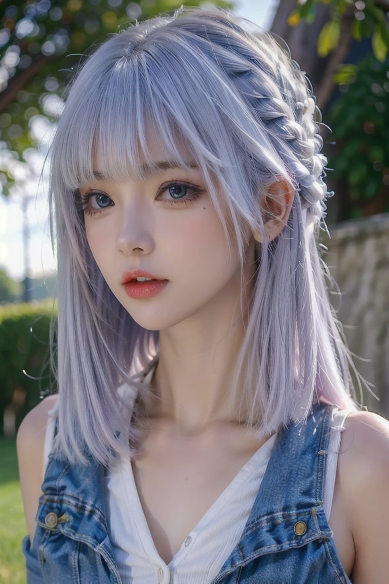 masterpiece,best quality,(shiny hair:1.2),(colorful:1.25),(outdoor:1.2),1girl,(white hair:1.2),straight bangs, <lora:绫华-半裸-魅魔-000015:0.65>