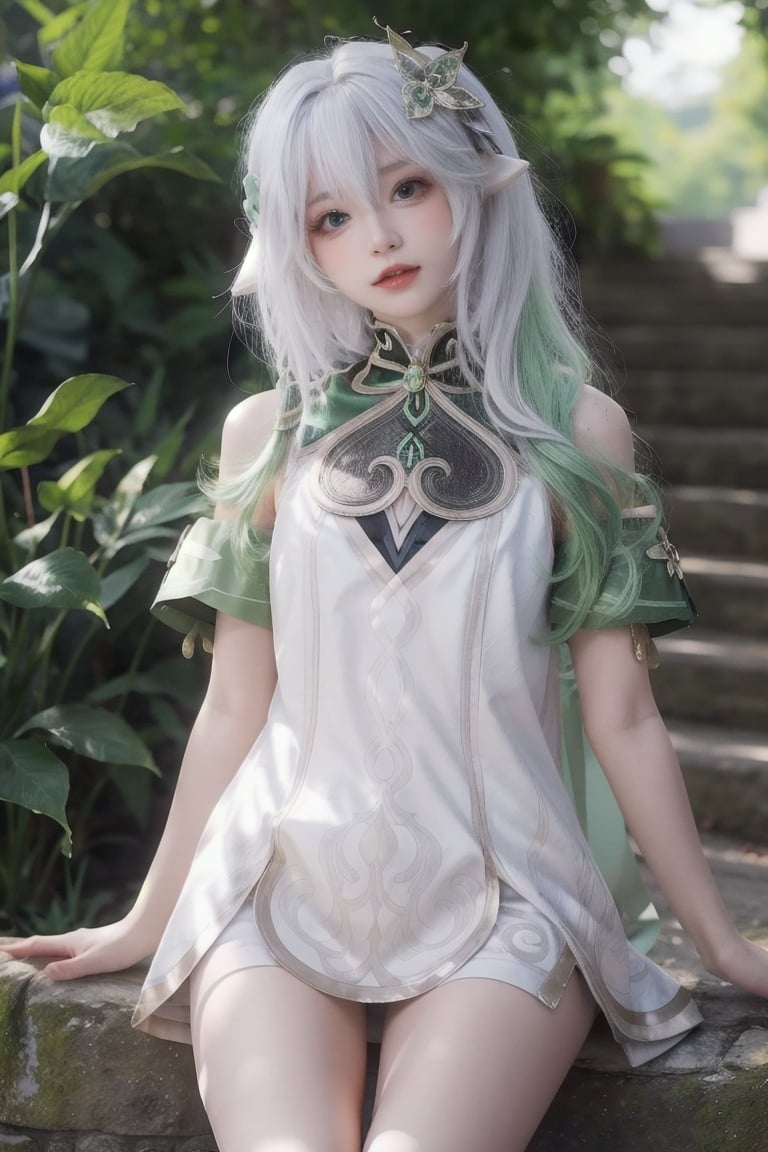 masterpiece,best quality,(shiny hair:1.4),(colorful:1.5),outdoors,(the body above the thighs:1.4),1girl, white hair, loli, green eyes, green dress,  <lora:纳西妲-000008:0.65>