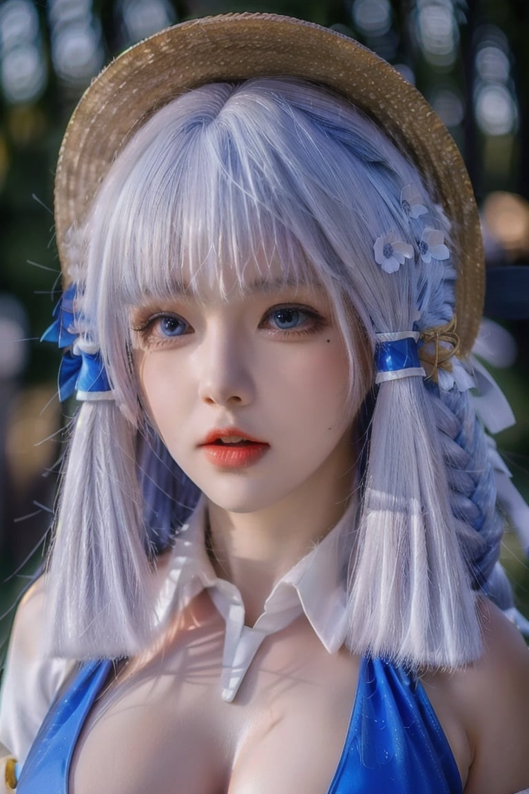 masterpiece,best quality,(shiny hair:1.2),(colorful:1.25),(outdoor:1.2),1girl,(blue hair:1.2),(straight bangs:1.2),(hair_ornament:1.2),(huge breasts:1.2), <lora:绫华-紧身-000012:0.6> <lora:巨乳绫华:0.45>