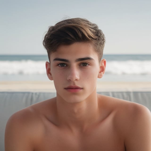 an 18 years old handsome cute italian boy,  (shirtless: 1.5), standing on the beach, sunshine, sharp focus, finely detailed eyes and face, short hair, fade haircut, male_only, handsome italian boy,