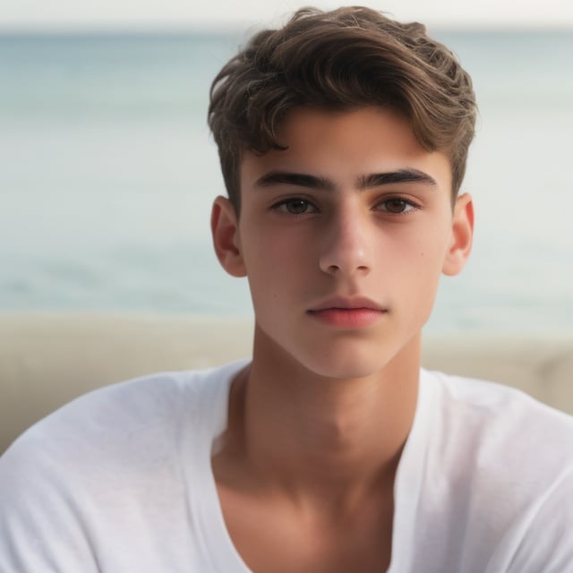 an 18 years old handsome cute italian boy,  (shirtless: 1.5), standing on the beach, sunshine, sharp focus, finely detailed eyes and face, short hair, fade haircut, male_only, handsome italian boy,