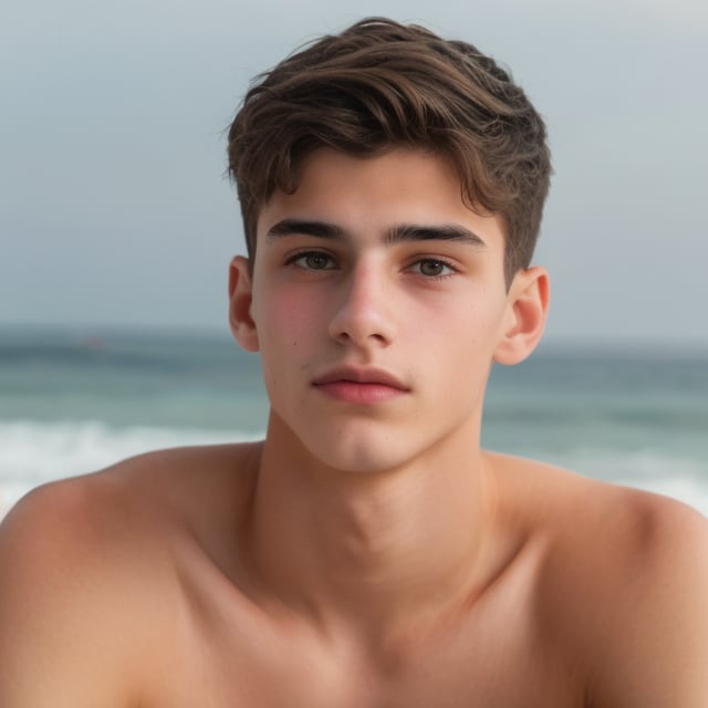 an 18 years old handsome cute italian boy, (shirtless: 1.5), standing on the beach, sunshine, sharp focus, finely detailed eyes and face, short hair, fade haircut, male_only, handsome italian boy,