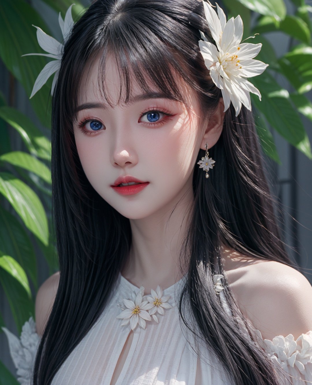  1girl, solo, flower, long hair, black hair, hair ornament, hair flower, blue eyes, floral print, chinese clothes, looking at viewer, detached sleeves, upper body, white flower, parted lips, dress, pink flower, china dress, bare shoulders, blush, red flower, eyelashes, white dress, lips, sleeveless, parted bangs, glowing,lens flare,big leaf,plant, wind, cute girl