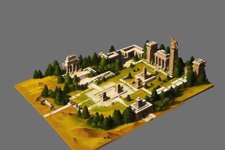 Concept art, top-down view, Game scenes, miniature maps, tree, stairs, gray background, landscape, statue, simple background, pillar, architecture, ancient civilization architecture,<lora:shapan:0.8>,