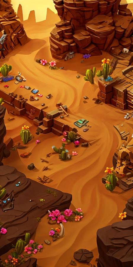 Concept art, top-down terrain, game scenes, desert, skeleton, sand, bone, rock, flower, no_humans, weapon, sword, scenery, cactus<lora:dibian:0.8>,