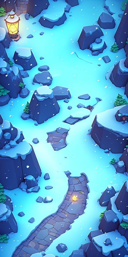 Concept art, top-down terrain, game scenes, no_humans, water, outdoor, glow, snow, rock, from_above, landscape, lantern, stairs, stone, slate road in the middle, land surface<lora:dibian:0.8>,