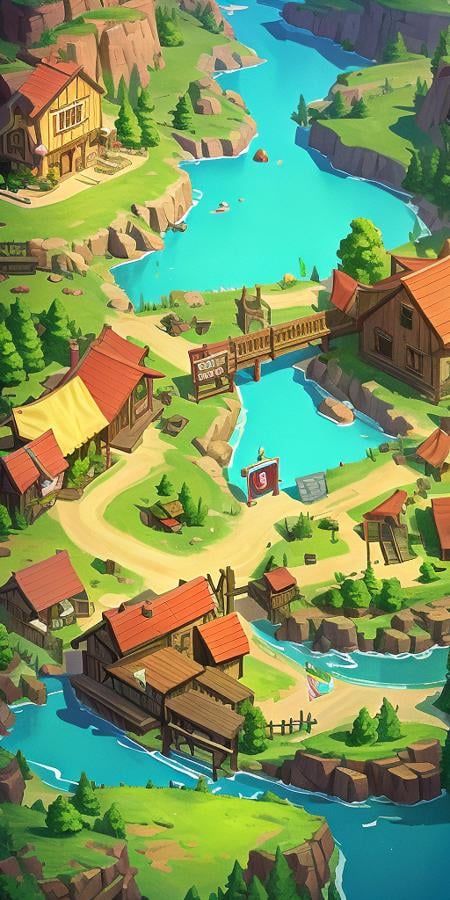 Concept art, top-down terrain, game scenes, scenery, sign, water, outdoors, stairs, house, tree, building, chimney, door, bridge, grass, no_humans, river, road, flag, from_above, ladder, clothesline,<lora:dibian:0.8>,