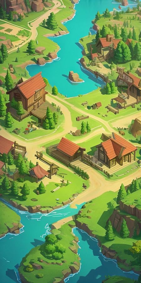 Concept art, top-down terrain, game scenes, scenery, sign, water, outdoors, stairs, house, tree, building, chimney, door, bridge, grass, no_humans, river, road, flag, from_above, ladder, clothesline,<lora:dibian:0.8>,