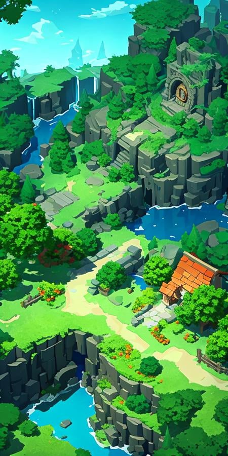 concept art, top-down terrain, game scene, landscape, water, outdoors, tree, sky, from_above, no_humans, building, fantasy, house, plant, overgrown, low saturation color<lora:dibian:0.8>,