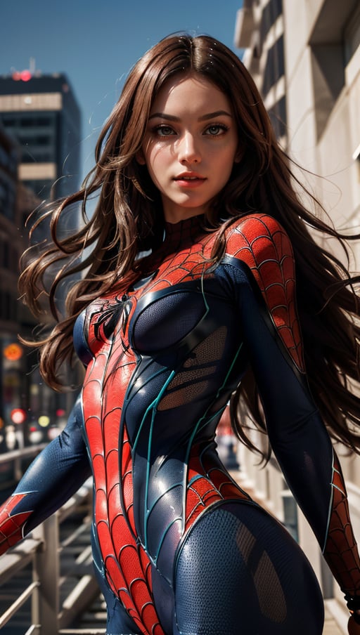 (best quality, masterpiece, colorful, dynamic angle, highest detailed) upper body photo, fashion photography of cute, intense red long hair, \Mary Jane\ in spiderman suit, (ultrahigh resolution textures), in dynamic pose, bokeh, glowing web, (intricate details, hyperdetailed:1.15), detailed, light passing through hair, colorful art flat background, (official art, extreme detailed, highest detailed),