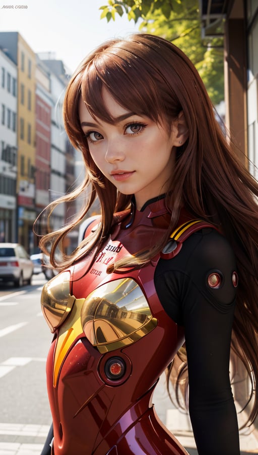 (best quality, masterpiece, colorful, dynamic angle, highest detailed)(Asuka Langley), upper body photo, fashion photography of cute red long hair girl (Asuka Langley), dressing high detailed Evangelion red suit (high resolution textures), in dynamic pose, bokeh, (intricate details, hyperdetailed:1.15), detailed, sunlight passing through hair, colorful art background, (official art, extreme detailed, highest detailed),